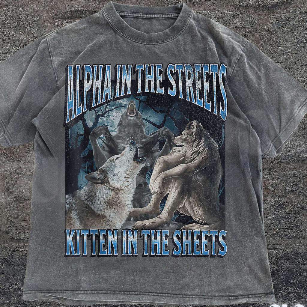 Alpha In The Streets Wolf Vintage 90s T-Shirt, Retro Meme Tee, Grunge Clothing Aesthetic, Alpha Wolf, Washed Oversize Shirt, Alpha Wolf Tee
