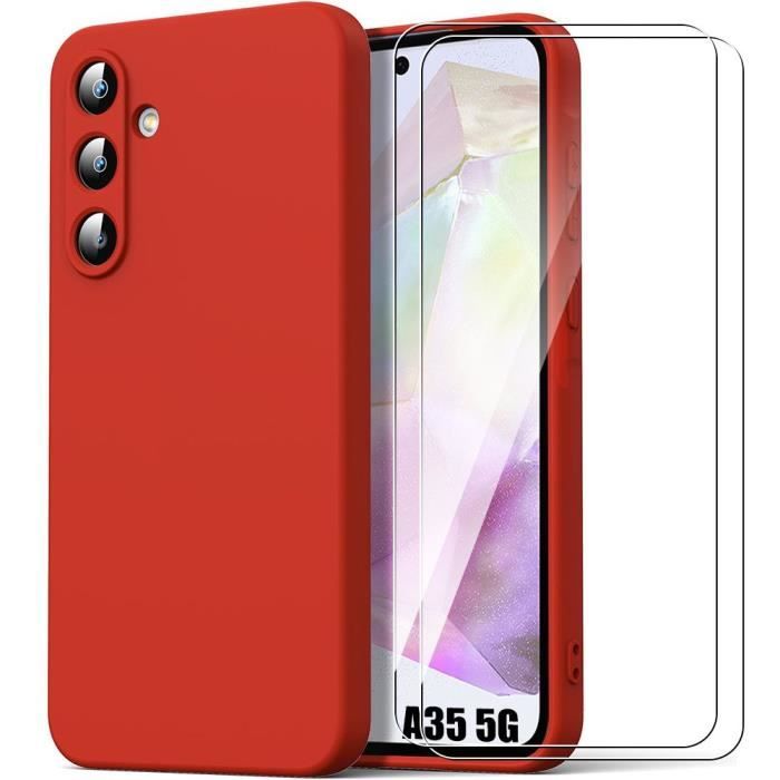 Coque + 2 Verres Trempés pour Samsung Galaxy A35 5G, Protection Silicone Liquide Effet Mat Rouge