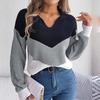 Damen Lässiger Strickpullover Herbst Winter Langarm Polokragen Kontrast