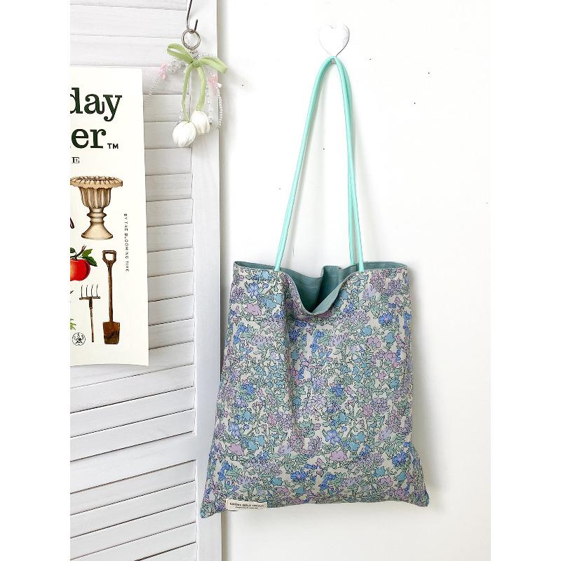 Spring New Korean Style Floral Double-Sided Shoulder Bag for Women Fresh Travel Canvas Tote Handbag