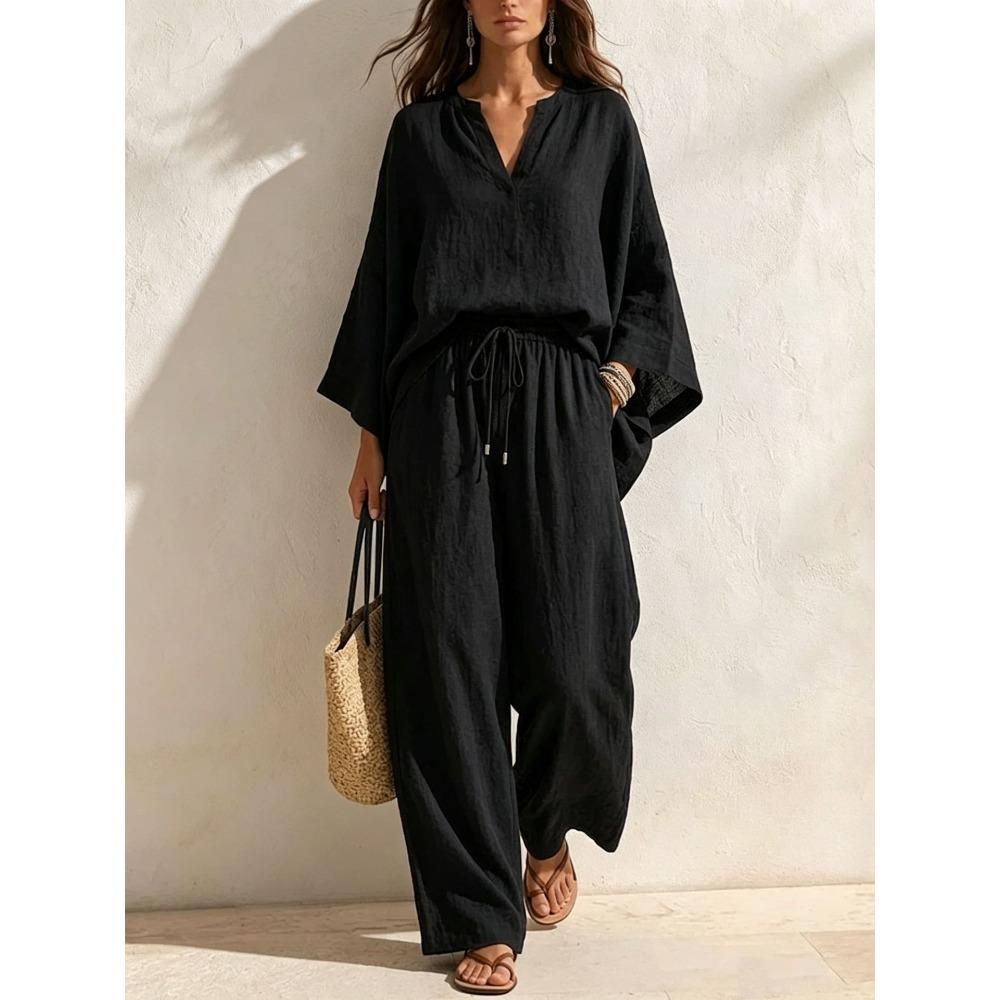 Spring and Summer New Collection Solid Color Two-Piece Set with V-Neck and Comfortable Loose Fit