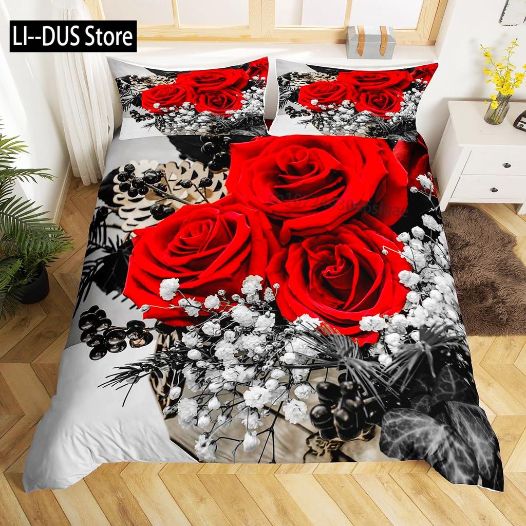 Roses Bedding Set Duvet Cover for Girls Women Couple Lover Romantic Comforter Cover Valentine's Day Bedroom Decor Quilt Cover