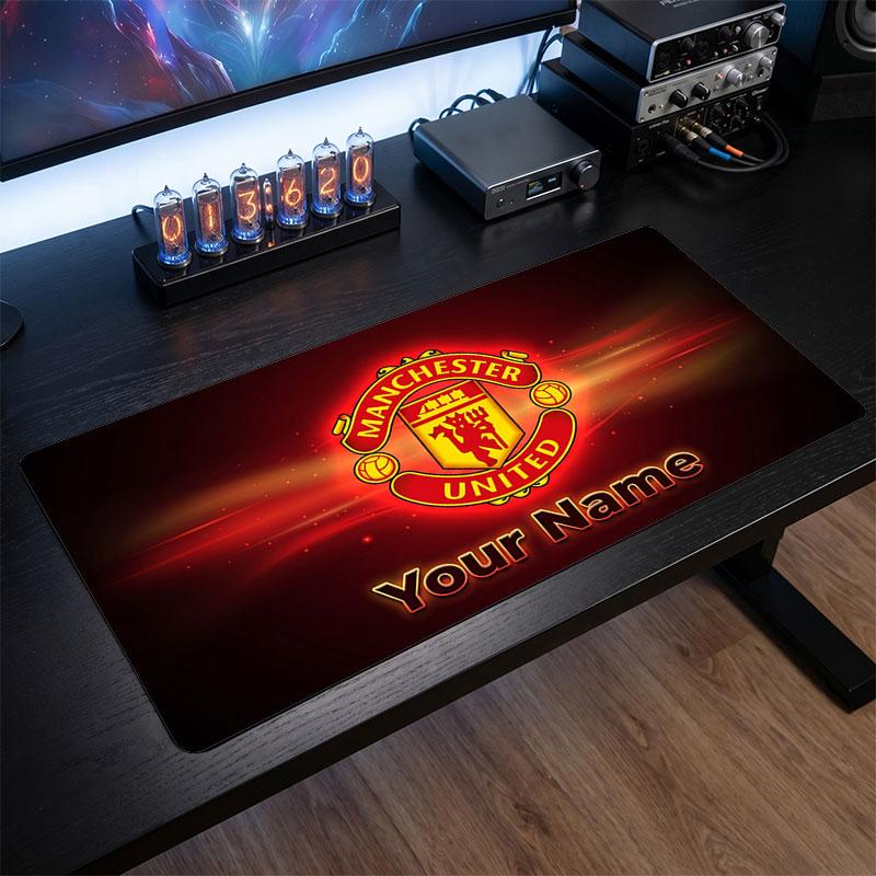 Tappetino per Mouse Grande Personalizzato Manchester United, Stampa Testo Nome Personalizzato, Tappetino da Scrivania Antiscivolo con Logo Calcio, Regalo per Gamer