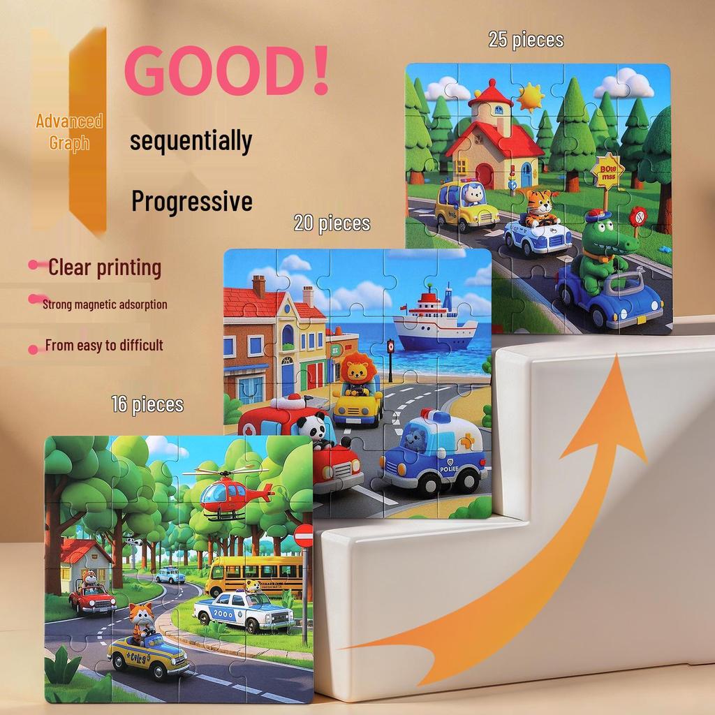Magnetic Puzzle Car Set for Kids - Suction, Cartoon, Transport Theme, Ages 2-6, Educational Toy