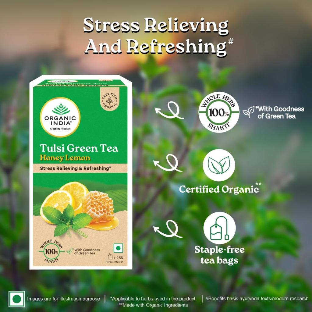 ORGANIC INDIA Tulsi Green Tea Honey Lemon 25 Teabags | Antioxidant-Rich Herbal Tea for Immune Support