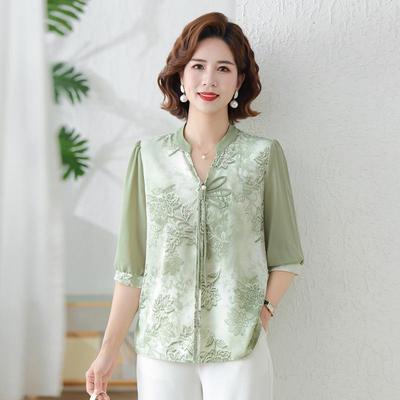 Summer Floral Chiffon Lace Top for Middle-Aged & Elderly Women - Seven-Sleeve Casual Wear