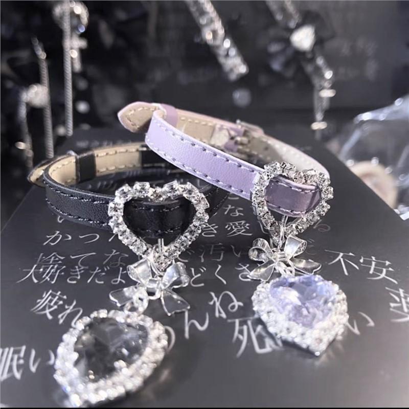 Original Y2k leather bow love rhinestone pendant bracelet subculture cute fashion high sense