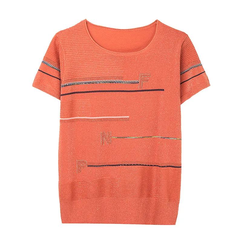 Women's Summer Ice-Silk Short-Sleeve T-Shirt; Loose-Fit, Shiny-Silk, Lightweight, Cropped Plus Size Knit Top for Moms