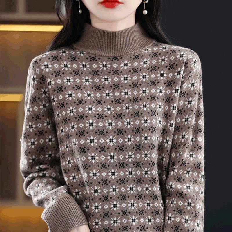

Half Turtleneck Sweater Women s Autumn and Winter Floral Casual Knitted Sweater Top Fashionable Loose Large-sized Pullover 2XL хаки