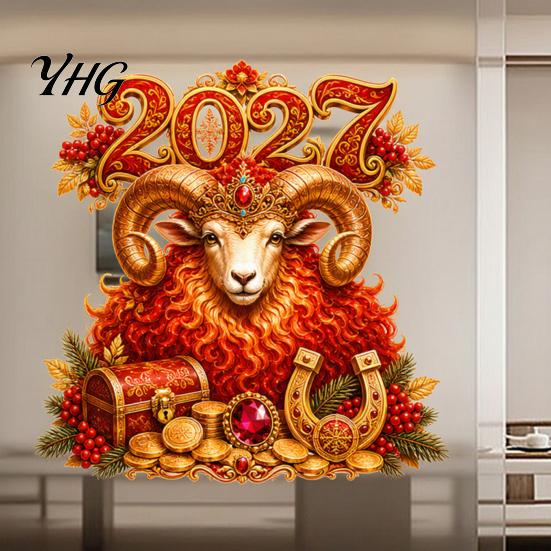 Removable Static Cling Decorations 2027 New Year Window Cling, Red And Gold Zodiac Sheep Decals Chinese Glass Stickers for Doors, Non-adhesive