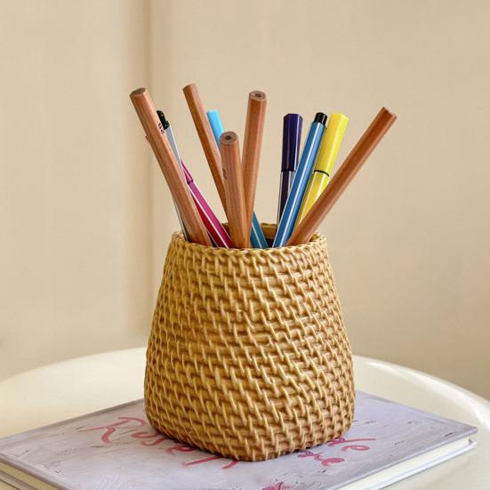 Huaqianguhh Faux Rattan Pen Holder, Woven Style Makeup Brush Boho Desktop Organizer, Multi-functional Resin Pencil Cup for Home Office