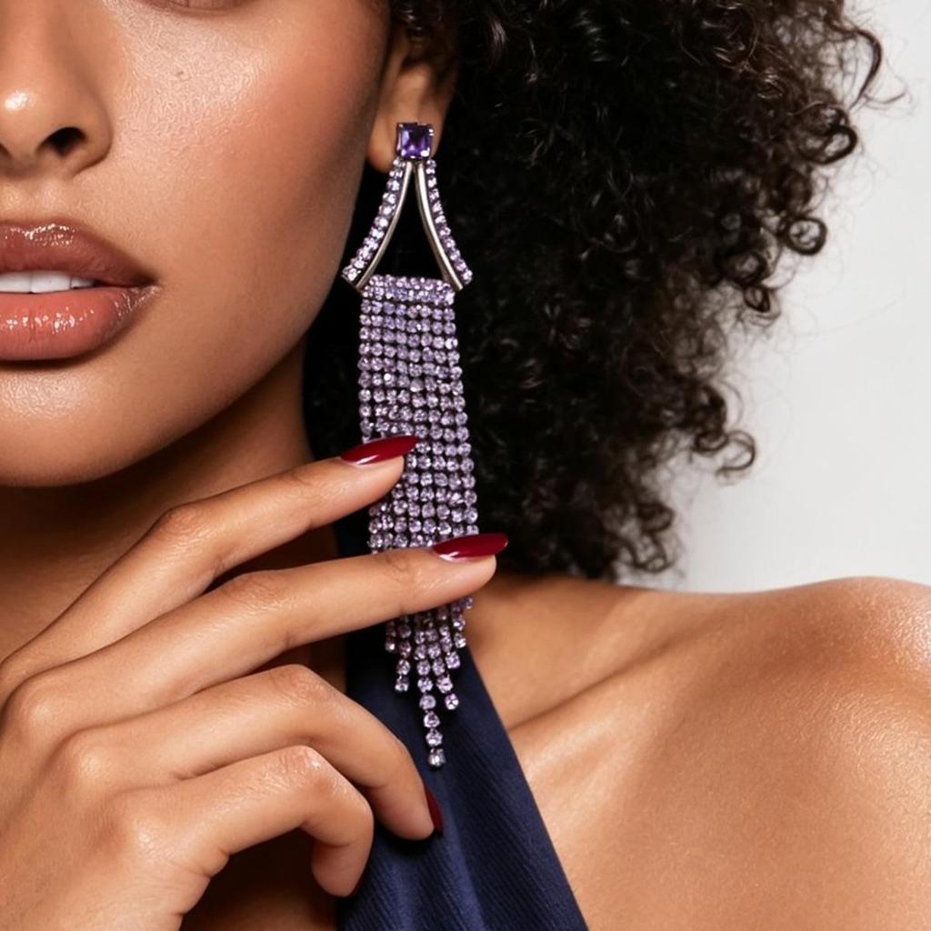 Silver Needle Luxury Diamond-Inlaid Triangle Tassel Earrings - Exquisite High-End Ear Studs for Women