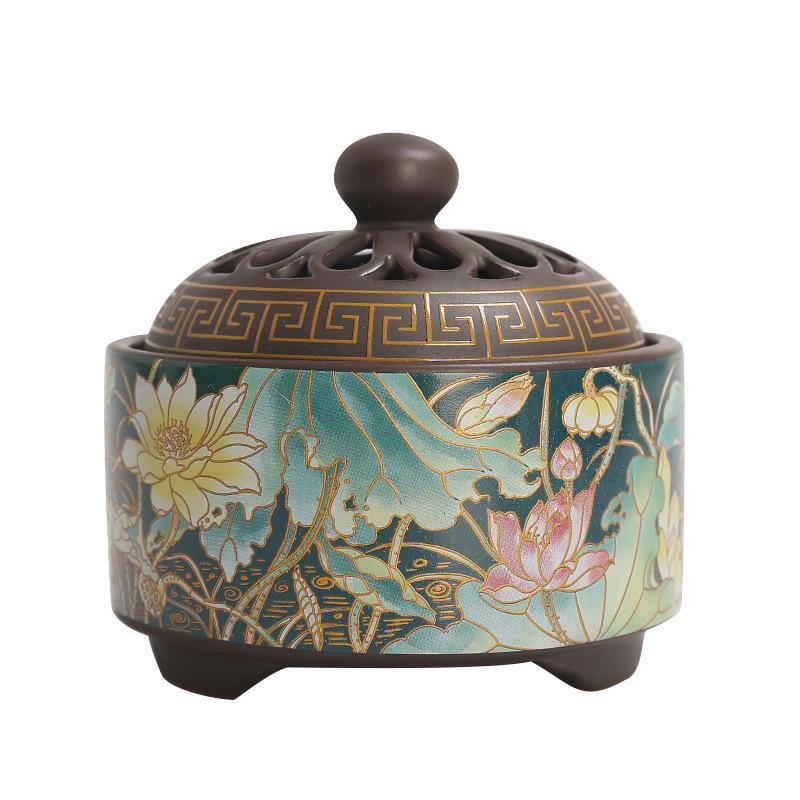 Ceramic Lotus Incense Burner  Enamel Painted Coil Holder Home Fragrance Lotus Burner Celadon Sandalwood Plate Aromatherapy Tower