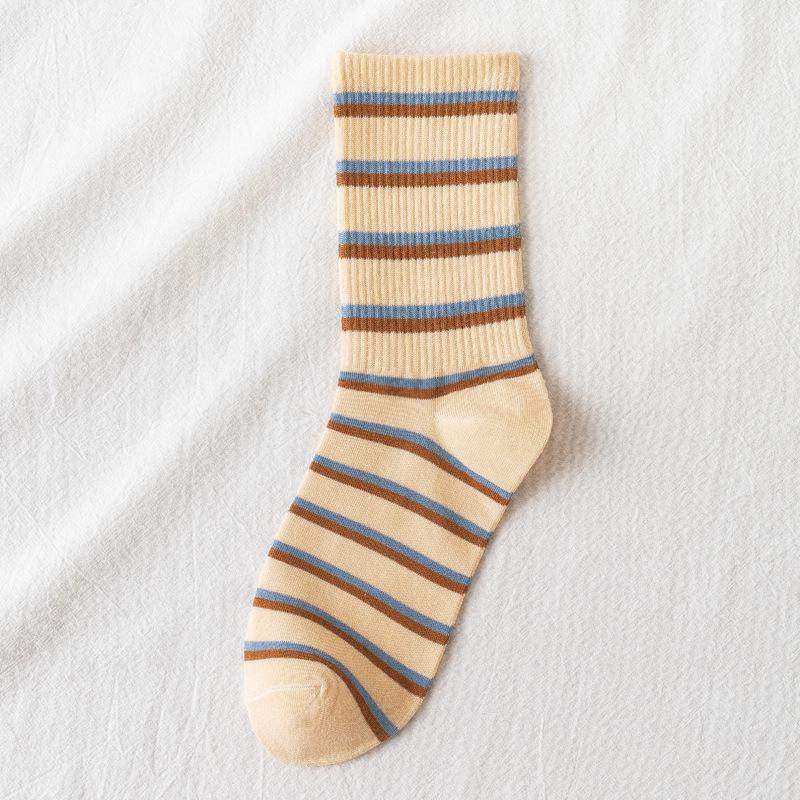 Trendy Coffee Blue Plaid Cotton Mid-Calf Socks, Versatile for Spring/Summer, Korean College Style, Breathable & Sweat-Wicking for Women.