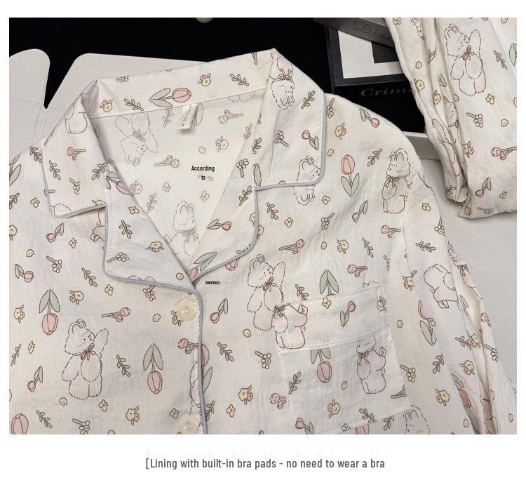 Damen Cartoon Pyjama-Set aus Wolkenbaumwolle mit Brustpolster - Langarm-Cardigan und Revers für Frühling und Herbst