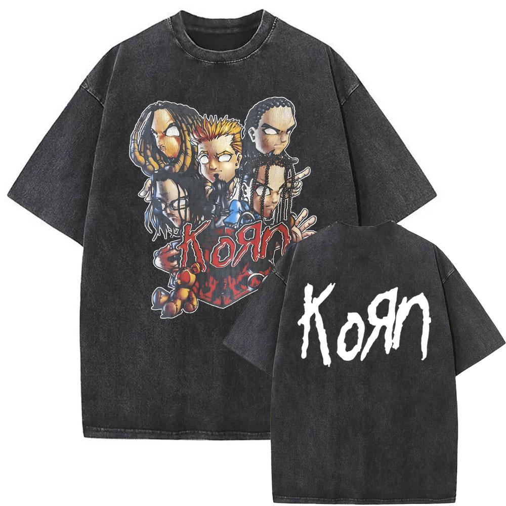 Washed Vintage Rock Band Korn Follow The Leader Double Sided Print Tshirt Rare Nu Metal Music Tees Men Gothic Oversized T Shirt