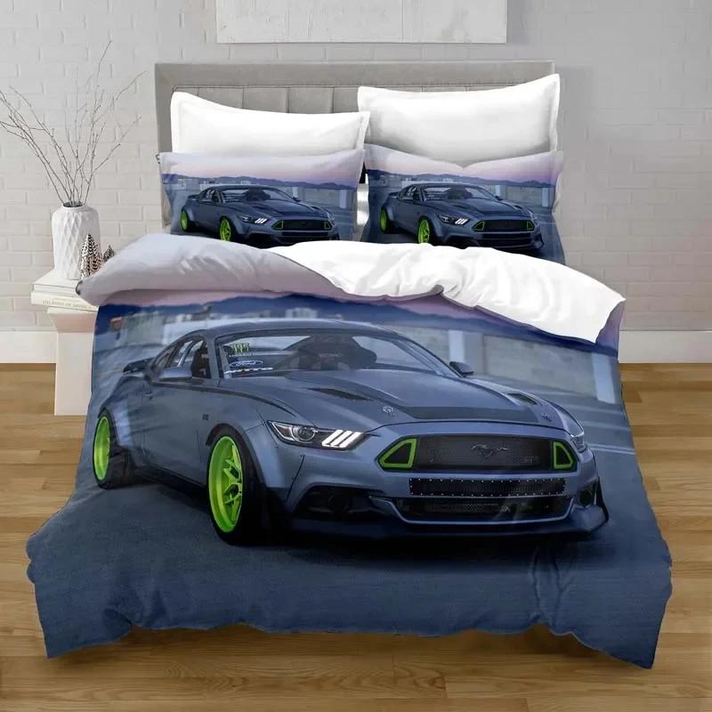 Cars Vehicles Bedding 3 Piece Boys Bedroom Decor Quilt Cover Pillowcase Cars Racing Print Bed Linen Set King Queen for Adults