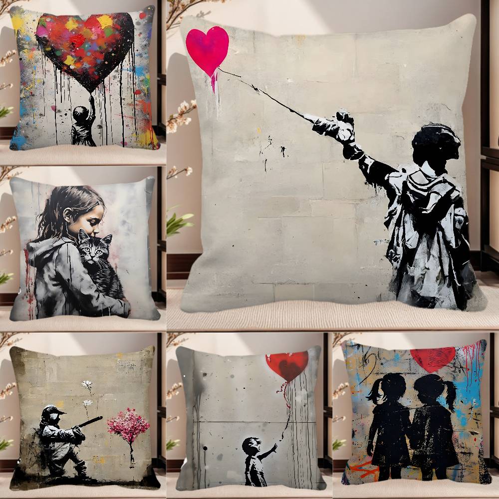 Street Graffiti Banksy Boy Girl With Balloon Pillow Case Square Pillow Bedroom Sofa Leisure Comfort Cushion Car Home Decoration