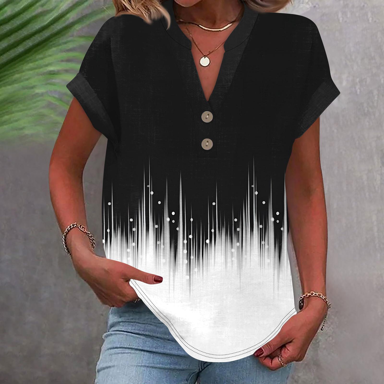 

Женская модная повседневная рубашка с v-образным вырезом и коротким рукавом с принтом, футболка на пуговицах, топ L чёрный