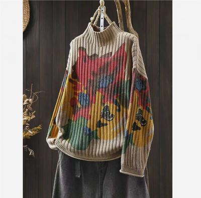 Schickes Strickoberteil mit Blumenmuster für Damen Gute Qualität Locker Lässig Langarm Rollkragen Strickware Damen Bequeme Oberteile