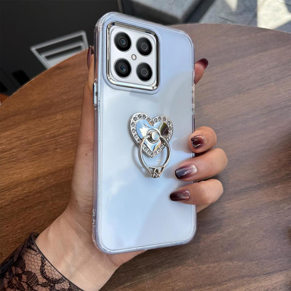 Luxury Bling Rhinestone Heart Ring Bracket Clear Phone Case for HONOR X7b 4G/5G,70 Pro,70 Pro+ Stand Cover