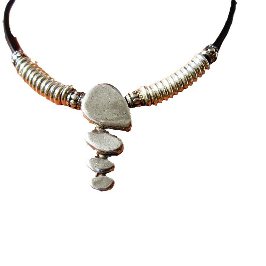 Literary Retro Alloy CCB Cowhide Rope Choker Necklace Female Personality Antique Silver Collarbone Chain