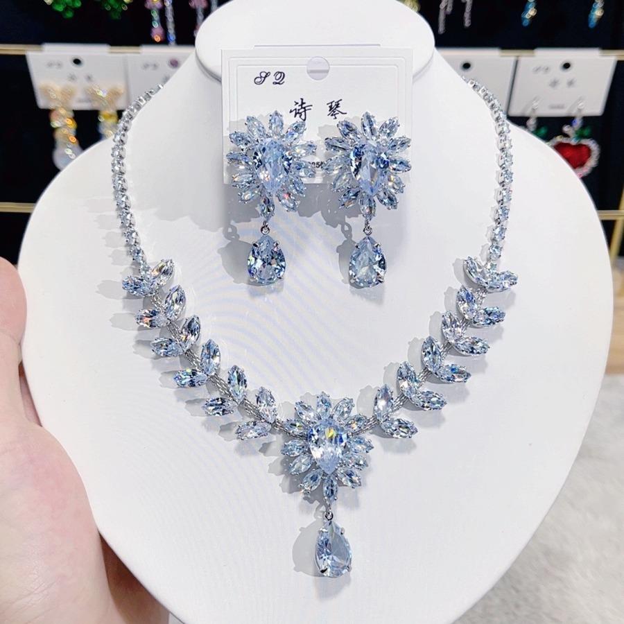 Adjustable Waterdrop Pendant Zirconia Necklace Earrings Women New Silver Color Bridal Wedding Fashion Jewelry Set Party Gifts