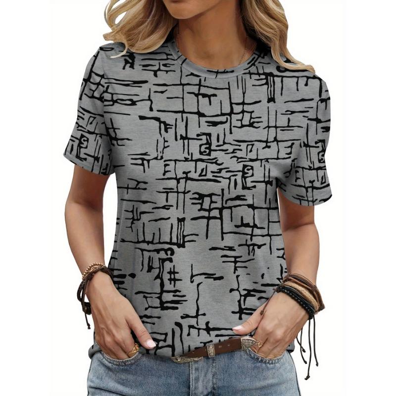 

Abstract painting simple and elegant holiday fashion irregular lines geometric figures 3D printed top round neck short-sleeved T-shirt 5XL