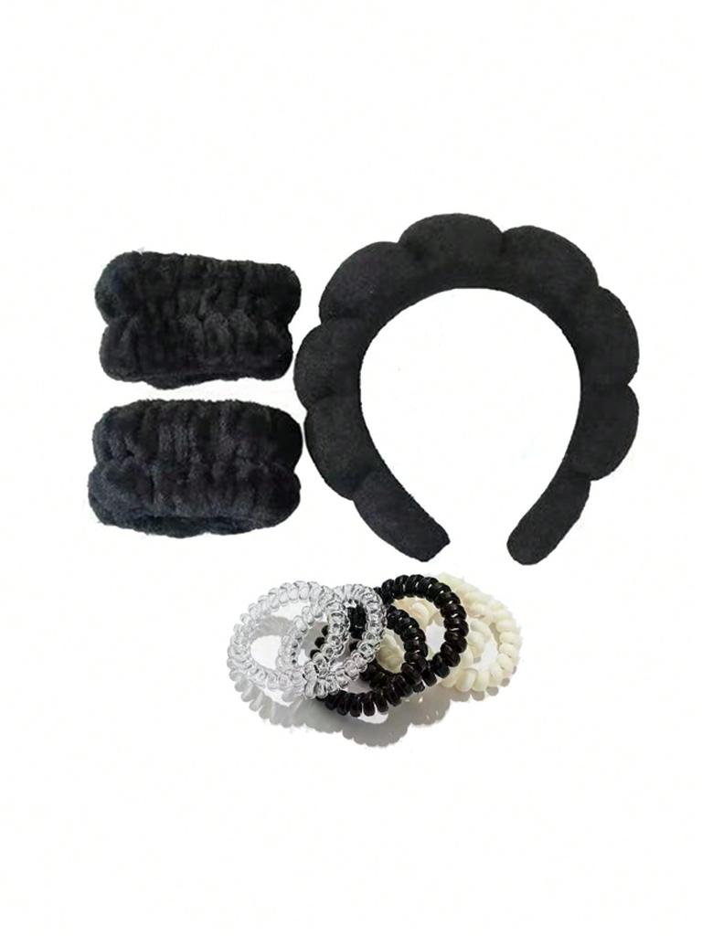 9pcs Women's Makaron Towel Flannelette Sponge Fried Dough Twists Facial Hair Band Wrist Band High Skull Top Hair Clip