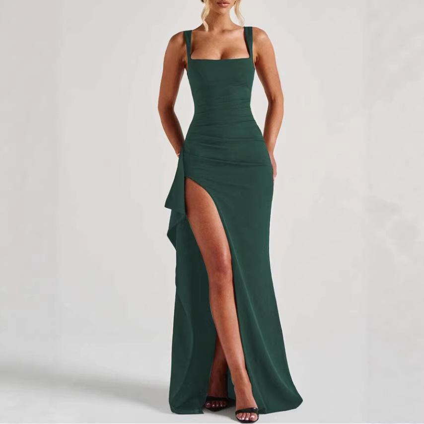 Wide Strap Square Neck Maxi Dress Ruched High Slit Elegant Bodycon Long Gown Multicolor Draped Side Split Sleeveless Evening Party Formal Prom Dress