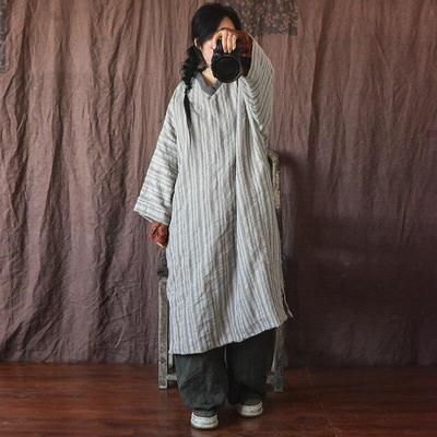 Cotton Linen Spring Autumn Women Dress V-Neck Long Sleeve Vintage Loose Clothes Stripe Casual Double Dresses