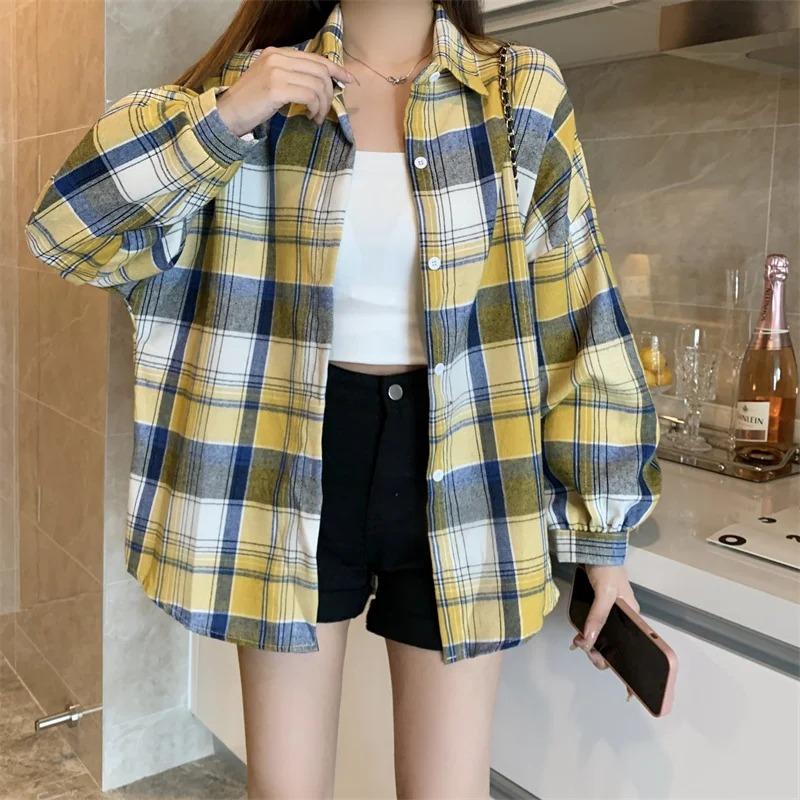 Plaid Shirt Women Autumn Long Sleeve Top Female Vintage Fashion Single Breasted Blouse Ladies Preppy Style Loose Check Shirts