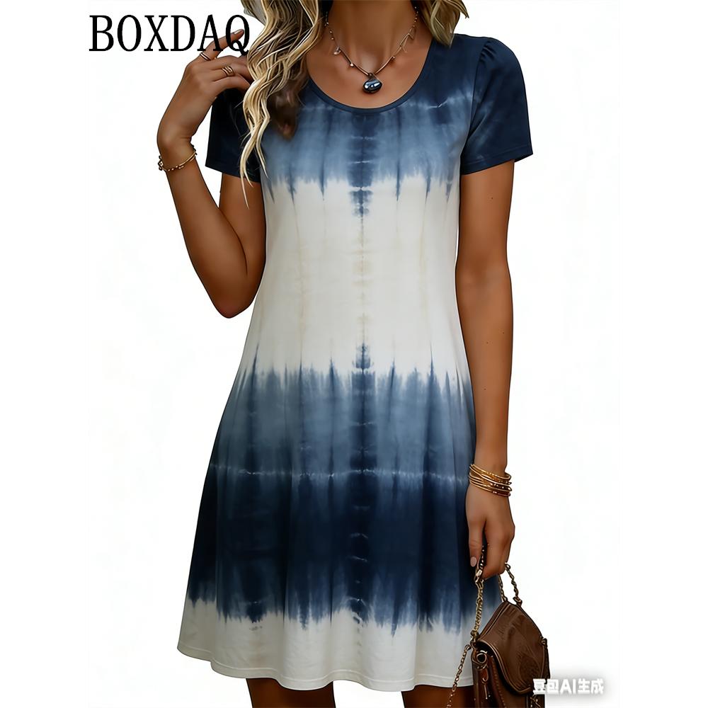 Tie Dye Gradient Print Dresses For Women 2026 Summer Clothing Fashion Striped 3D Print Loose Short Sleeve Dress Women's Casual