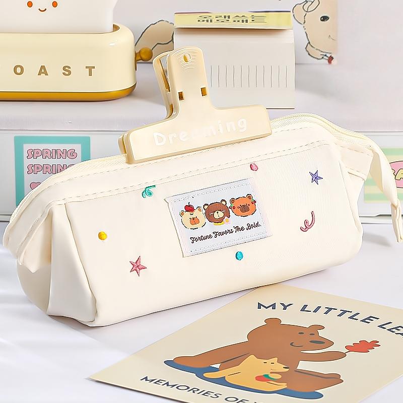 1pcs Three Cartoon Bear Pencil Bag Pen Case Embroidery Design Large Opening Cute Portable Storage Pouch Student