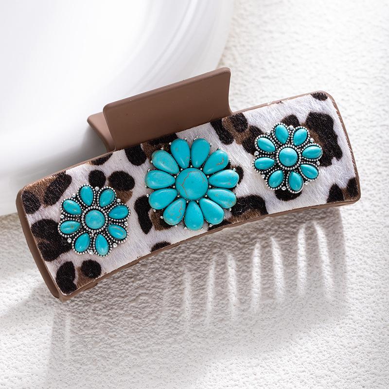 Bohemian Ethnic Style Turquoise Grab Clip Western Style Hairpin Retro Leopard Print Sequined Leather Fashion Disc Hairpin