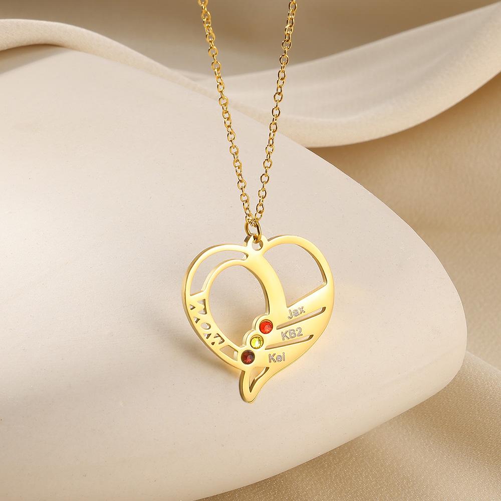 Engraved Family Name Necklace Custom Heart Birthstone Necklace For Mom Jewelry Gold Color Stainless Steel Fashion Birthday Gifts