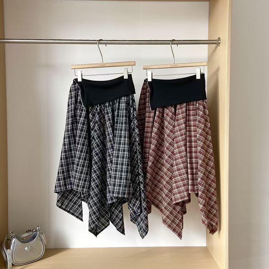Korean Style Plaid A-line High Waist Skirt - Summer Slimming Mid-length
