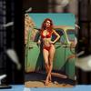 2D Flat, 1pc Retro Pinup Metal Sign 8x12 Inch - Vintage Redhead In Red Bikini & Green Classic Car Wall Art, Durable Metal Garage