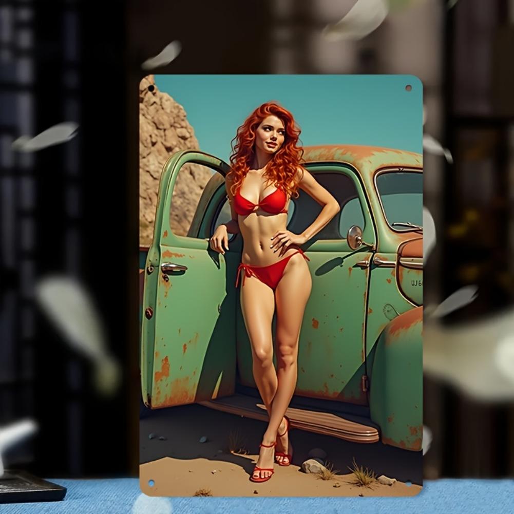 2D Flat, 1pc Retro Pinup Metal Sign 8x12 Inch - Vintage Redhead In Red Bikini & Green Classic Car Wall Art, Durable Metal Garage