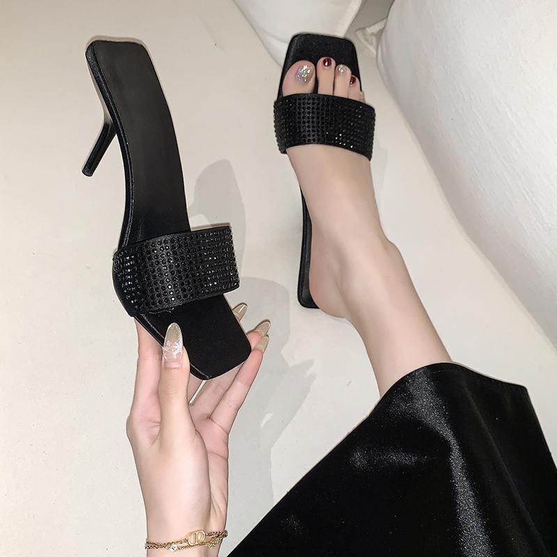 

Модные сандалии-слипоны на высоком каблуке-шпильке с открытым носком, квадратным носком и стразами, крутые драг-сандалии, летняя новинка 2025, модные, универсальные, сексуальные 42
