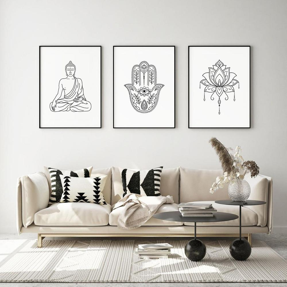 Meditating Buddha Lotus Hamsa Yoga Line Canvas Painting Poster Zen Line Wall Art Prints Boho Pictures for Living Room Home Decor
