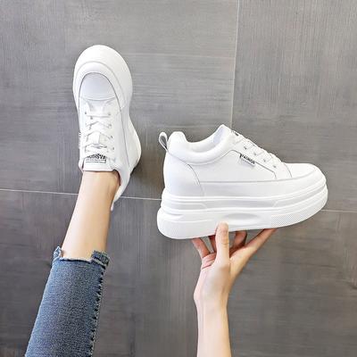 Trendige Damenschuhe mit innerer Erhöhung, lässige Keilabsatz-Plateau-Sohle, weiß