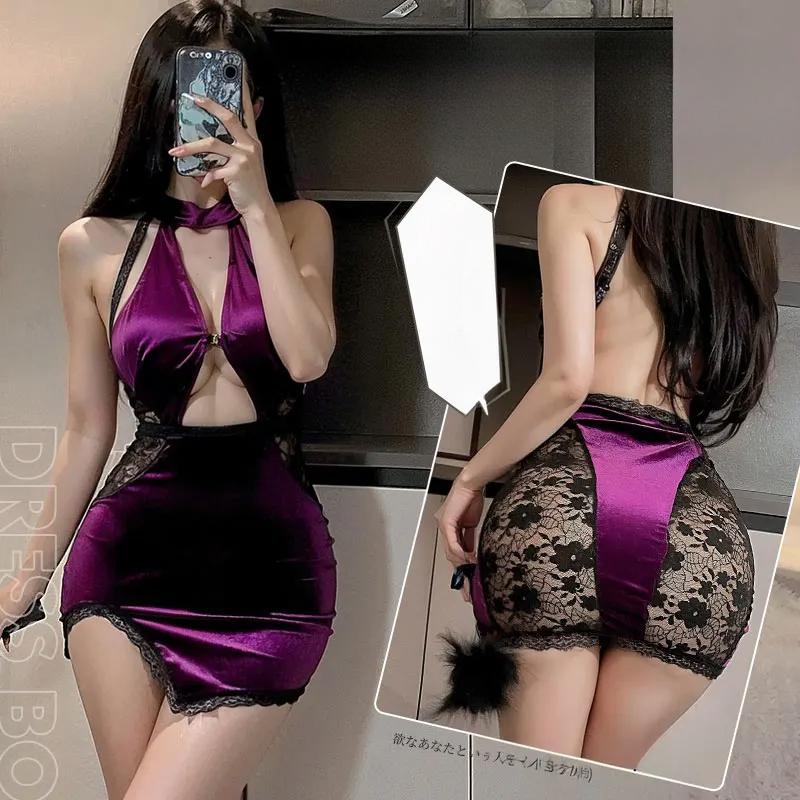 Sexy Cosplay Chinese Traditional Dress for Women Gothic Punk Mini Secretary Purple Cheongsam Nightclub Party Porno Bar Uniform