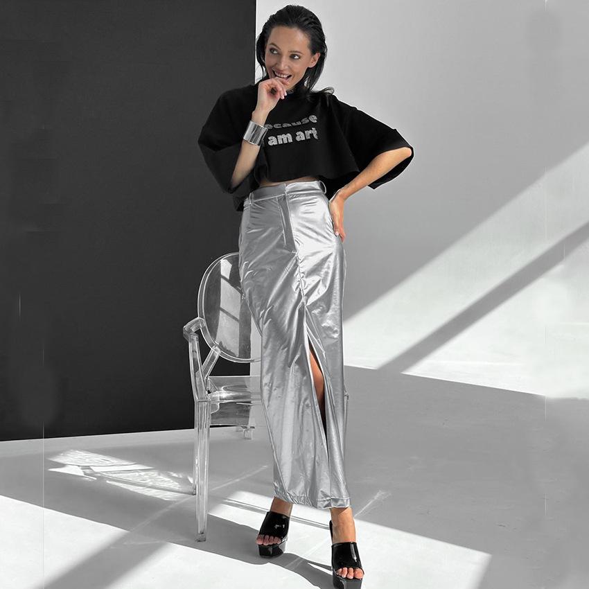 

2023 Серебряная Светоотражающая Юбка Миди - Европейская/Американская Футуристическая Осенняя Мода Size S