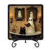Spooky Bathroom Sink Ornament Halloween Wooden Sign with Metal Stand, Ghost Table Festive Counter Decor Centerpiece for Home Office Tabletop