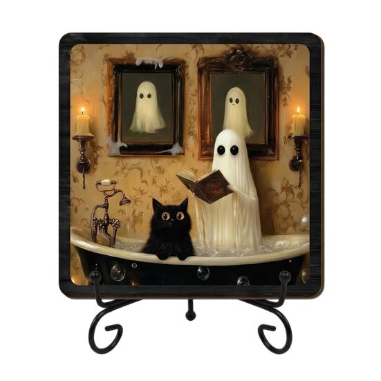 Spooky Bathroom Sink Ornament Halloween Wooden Sign with Metal Stand, Ghost Table Festive Counter Decor Centerpiece for Home Office Tabletop