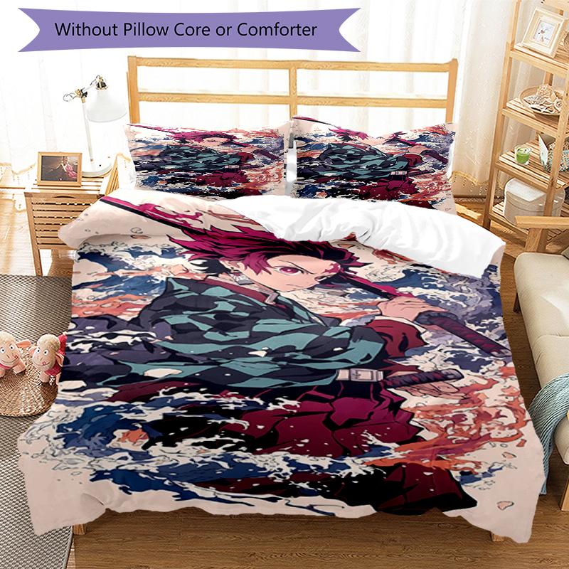 3pcs Demon Slayer Bedding Set Duvet Cover Closure Includes 1 Duvet Cover & 2 Pillowcases, Soft and Comfortable for All Seasons.