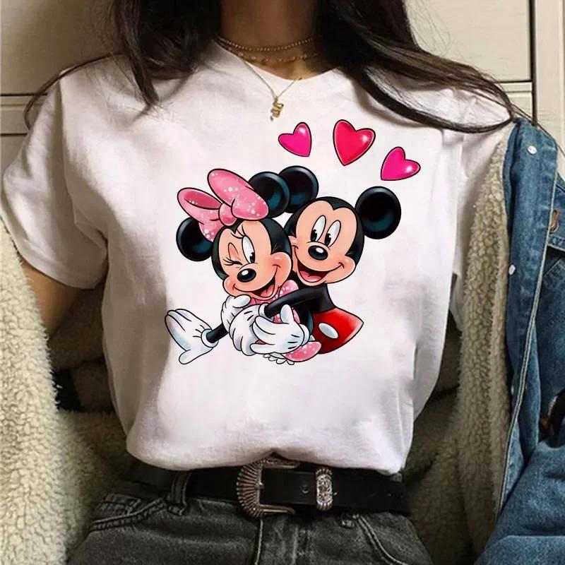 Funny Disney Women T-shirt Cute Cartoon Mickey Minnie Graphic Casual Short Sleeve T Shirt Female Kawaii Loose Y2K Clothing Tops