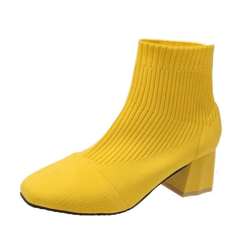 Women's Fall New Block Heel Booties Square Toe Knit Stretch Non-Slip Sock Boots