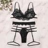New Women Sexy Lace Bra Bandage Thong Garter Sleepwear Black Lingerie Set S-XL